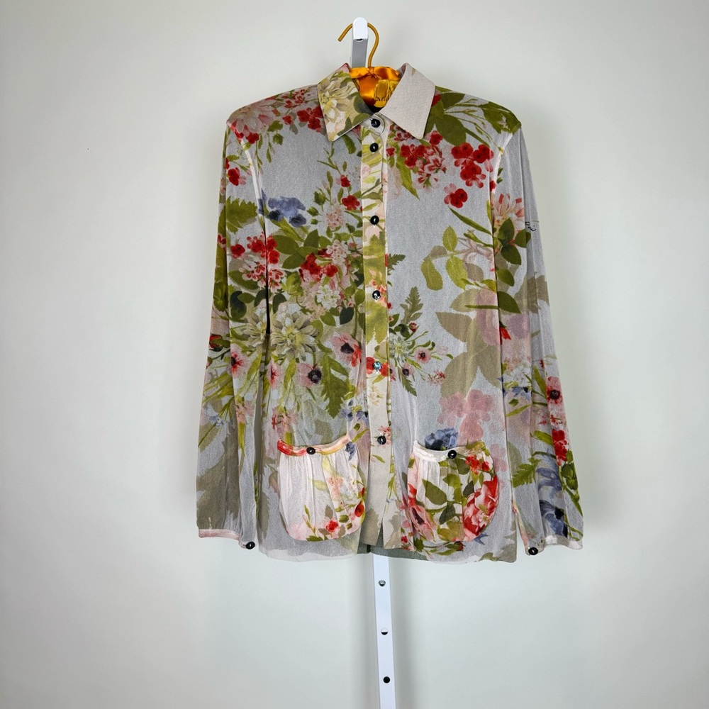 FUZZI Floral Mesh Long Sleeve Button Up